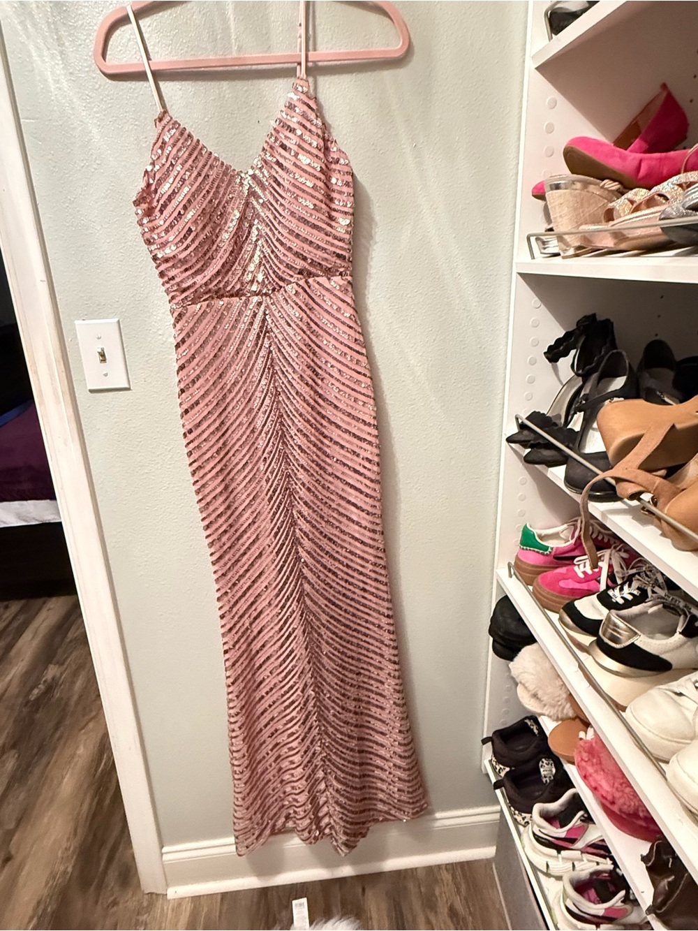 Pink Sequin lSpaghetti Strap Evening Gown